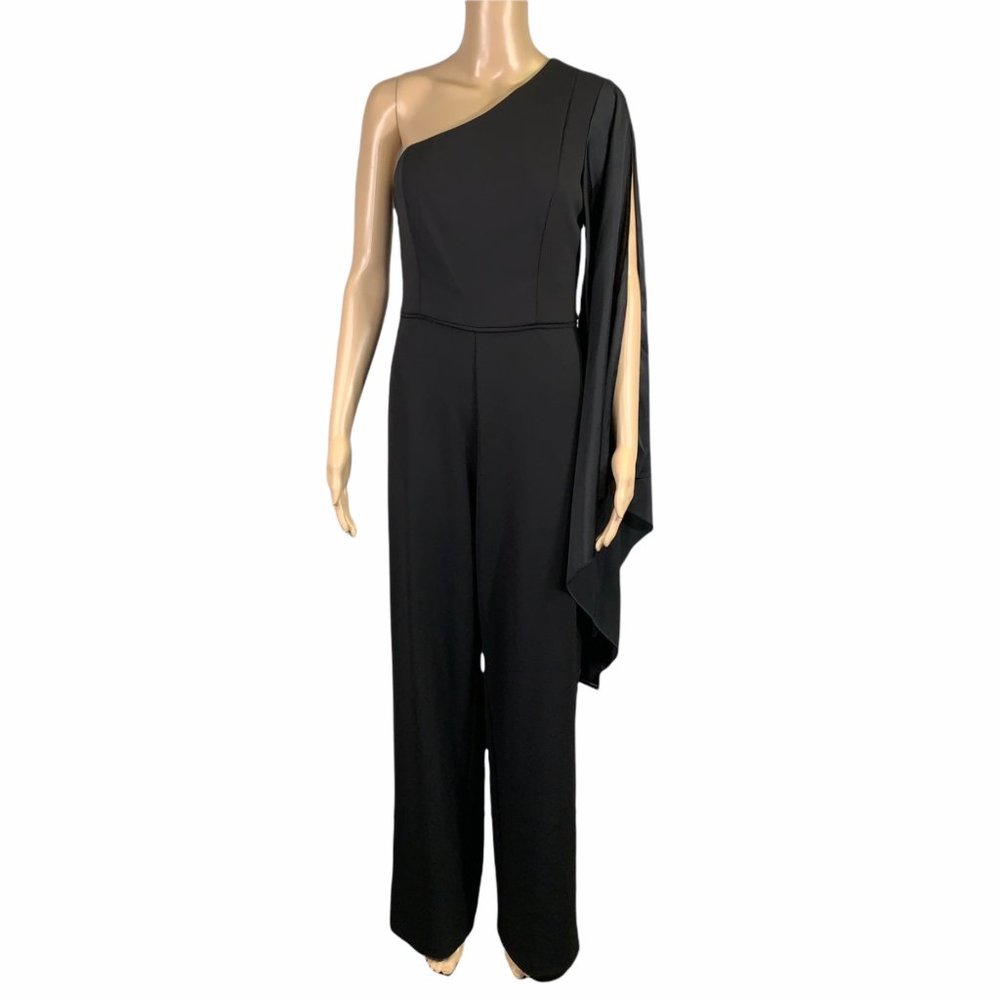 Adrianna Papell Black Formal One Shoulder Drape Sleeve Jumpsuit